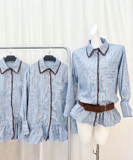 2026 파란색 스트라이프 POLO 칼라 긴팔 셔츠 가을 겨울 디자인 센스 루즈핏 캐주얼 고유 한 Chic 맨위