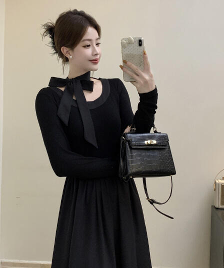 빅 사이즈 프랑스식 그는 벤 바람 라운드 넥 긴팔 여성 드레스 가을 허리 수축 품격 작은 검은 드레스 지방 mm 슬림해 보이는 치마