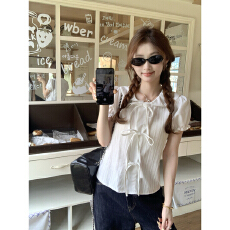 批发甜美娃娃领系带蝴蝶结泡泡袖衬衫<b class='q'>女</b>2025夏季清新别致百搭短款小衫