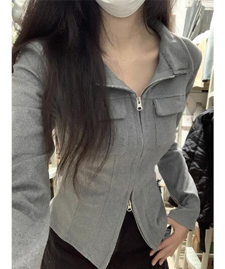 순수한 욕망 바람 핫걸 POLO 칼라 기본 셔츠 여성 봄 가을 디자인 센스 몸매 가꾸기 쇼트 스타일 더블 지퍼 긴팔 맨위 재킷