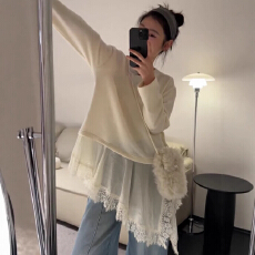 批发韩版<b class='q'>中长款</b>不规则假两件蕾丝拼接长袖T恤女修身显瘦打底衫上衣潮