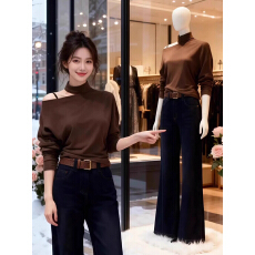 批发大码韩系设计感露肩挂脖长袖T恤春季时尚洋气内搭修身显瘦打底