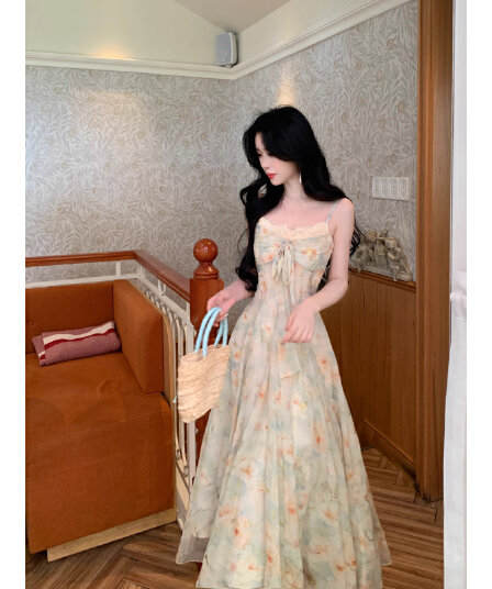 blovelan 리플 심장 코어 분위기 센스 신선함 꽃무늬 허리 수축 다림질 금박 대 치마 나비 매듭 슬립 드레스