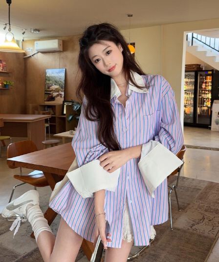 한 부서 고급 센스 작은 대중 디자인 스트라이프 패치워크 뒤집다 소매 맨위 블라우스 2026 봄 Chic 루즈핏 재킷