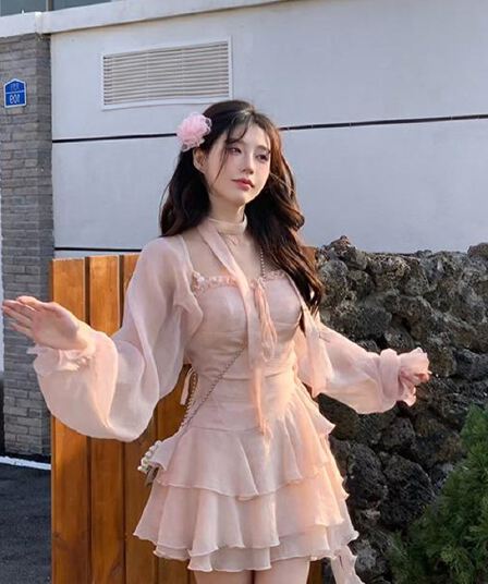 마이크로 지방 부드러운 달콤함 프릴 슬립 여성 드레스 여름 작은 키 허리 수축 슬림해 보이는 미니 스커트 오픈 가디건 세트