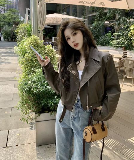 높은 품질 이중층 네리 유럽 상품 폴로 칼라 쇼트 스타일 pu 가죽 자켓 고급 센스 오토바이 튀김 거리 작은 키 가죽 자켓