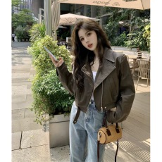 批发高品质双层内里欧货翻领短款pu皮外套高级感机车炸街小个子皮夹克