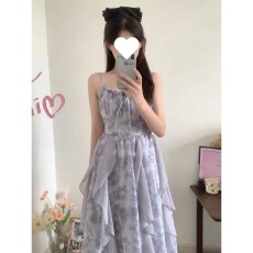 批发2026<b class='q'>新款</b>烟雨墨染灰色扎染吊带连衣裙清冷感仙女裙夏开衫两件套