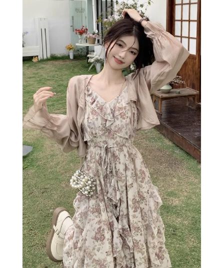 프랑스식 프릴 꽃무늬 슬립 드레스 투피스 슈트 여름 2026 새로운 작은 키 해변가 휴가 롱 스커트