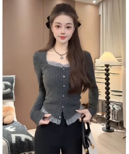 프랑스식 프릴 광장 칼라 긍정적 인 어깨 광택 실 니트 스웨터 빅 사이즈 여성 의류 가을 의상 지방 mm 기본 셔츠 찹쌀 회색 맨위