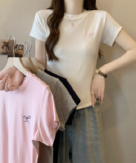 실사 40 순면 210 그램 92 면 8 암모니아 Lun 반팔 티셔츠 여성 자수 자수