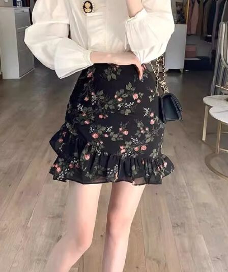 법 꽃무늬 반신 스커트 불규칙 프릴 미니 스커트 여성 슬림해 보이는 표지 넓적 다리 한 마디 인어 꼬리 치마