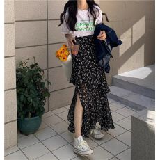 批发2026复古碎花开叉性感长裙雪纺蛋糕荷叶边<b class='q'>中长款</b>不规则半身裙