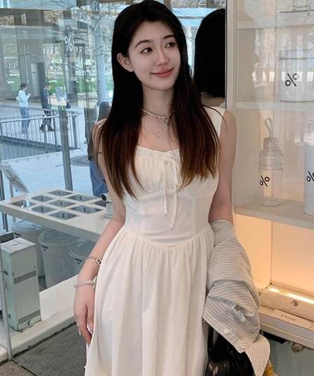 원본 것 작은 키 첫사랑 광장 칼라 화이트 슬립 점프 슈트 치마 프랑스식 휴가 바람 슬림해 보이는 큰 진자 롱 스커트
