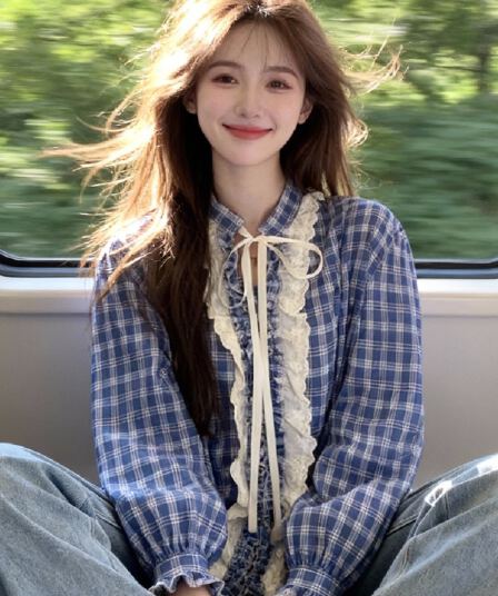 달콤함 학원 스타일 파란색 체크무늬 여성 셔츠 이른 가을 새로운 레이스 칼라 디자인 센스 루즈핏 다용도 긴팔 맨위