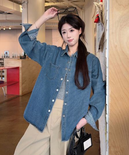 항구 바람 레트로 긍정적 인 어깨 워싱 데님 긴팔 여성 셔츠 2026 봄 디자인 센스 패션 캐주얼 맨위 재킷