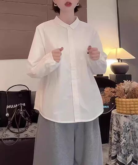 순면 한 부서 화이트 긴팔 여성 셔츠 2026 봄 새로운 루즈핏 폴로 칼라 미니멀리즘 셔츠 맨위