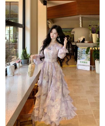 blovelan 나비 서식지 흐름 쌰 품격 오프숄더 불규칙 프릴 나비 프린트 긴팔 드레스 봄