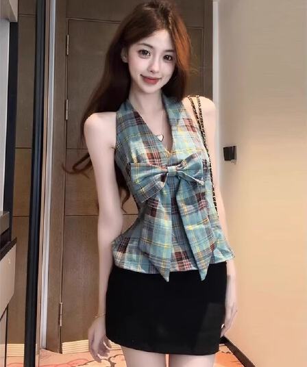 2026 달콤한 핫걸 레트로 배색 체크무늬 캐미솔 패션 나비 매듭 행침 목 Chic 맨위 트렌디