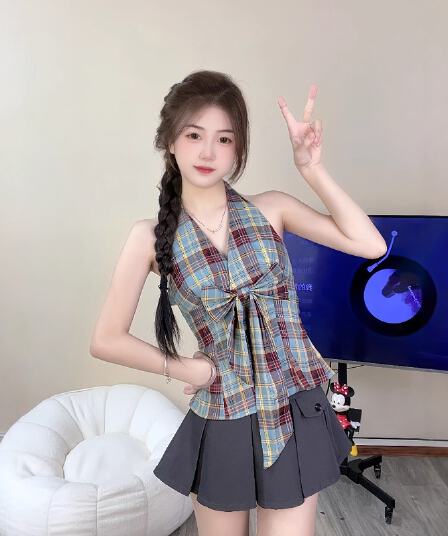 오프숄더 디자인 센스 착용 가져 가라. V넥 행침 목 작은 셔츠 체크무늬 핫걸 캐미솔 외출용 나비 매듭 민소매 맨위