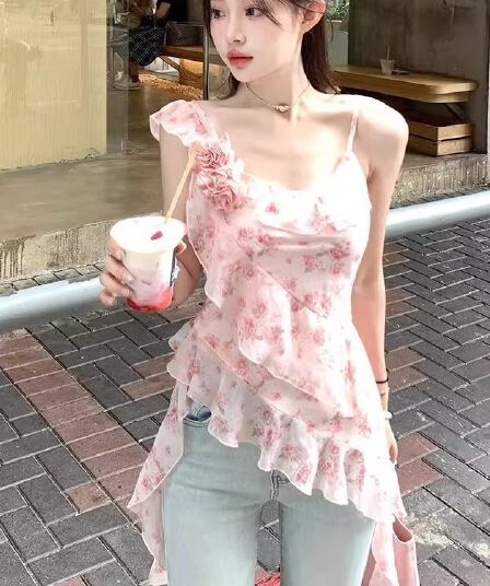 꽃무늬 불규칙 프릴 캐미솔 여름 디자인 센스 허리 수축 몸매 가꾸기 민소매 쉬폰 톱
