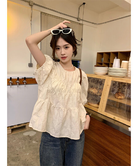 거품 소매 여성 셔츠 여름 2025 새로운 프랑스식 디자인 센스 작은 키 주름 루즈핏 쇼트 스타일 Chic 작은 셔츠