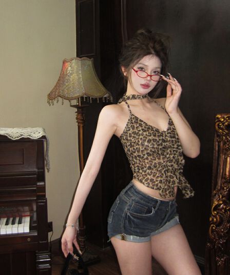 진주 쉬폰 섹시함 레오파드 무늬 프린트 목도리 프릴 캐미솔 휴가 낮은 가슴 백리스 다용도 맨위