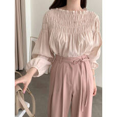 批发<b class='q'>韩国</b>chic甜美别致<b class='q'>雪纺衫</b>泡泡袖圆领女式秋季一字领褶皱设计衬衫女