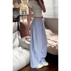 蓝色条纹休闲裤男女夏季美式轻薄透气阔腿裤子高街hiphop运动长裤