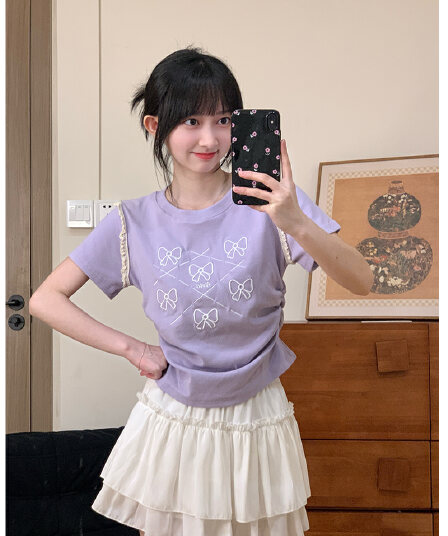 작은 대중 자수 나비 매듭 긍정적 인 어깨 티셔츠 여성 달콤함 부드러운 바람 프릴 반팔 노출되지 않음 허리 쇼트 스타일