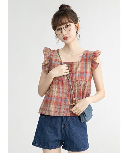 프랑스식 작은 날다 소매 빨간색 격자 무늬 셔츠 작은 청신 달콤함 맨위 여성 여름 Chic 민소매 인형 셔츠 작은 키