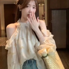 批发法式甜美挂脖衬衫2026新款女薄款露肩荷叶边<b class='q'>长袖</b>雪纺<b class='q'>小衫</b>气质上衣