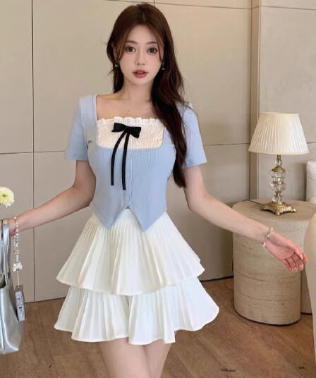 있음 선적 리브 달콤함 나비 매듭 광장 칼라 반팔 티셔츠 여성 여름