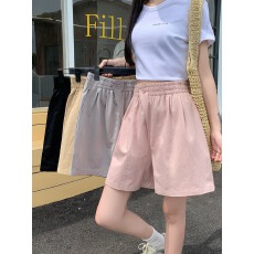 批发S-4XL 实拍 水洗100%棉 夏季阔腿<b class='q'>短裤</b>女松紧高腰一粒扣<b class='q'>休闲</b>裤