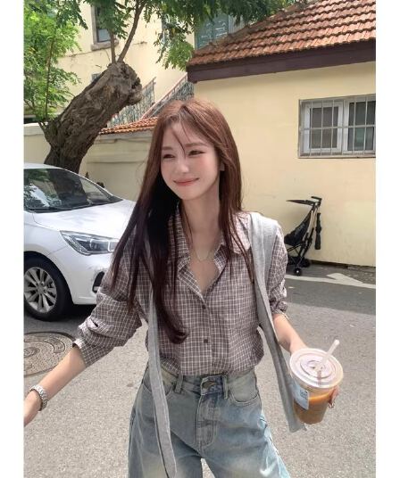 원본 한 부서 레트로 체크무늬 긴팔 여성 셔츠 루즈핏 캐주얼 작은 키 디자인 셔츠