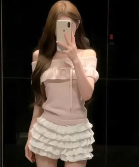 달콤함 부드러운 찹쌀 품격 오프숄더 둘 착용 프릴 새틴 스트랩 니트 기본 셔츠 여성