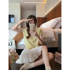 批发黄色娃娃领薄款短袖针织<b class='q'>开衫</b>女春夏新款<b class='q'>羊毛</b>T恤