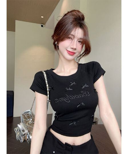 원본 주간 고양이 품질 나비 매듭 반팔 긍정적 인 어깨 티셔츠 순수한 욕망 달콤한 자매 바람 품격 쇼트 스타일 맨위