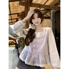 批发韩系甜美拼接<b class='q'>假两件</b>衬衫女2026春夏新款别致设计感蝴蝶结减龄<b class='q'>上衣</b>