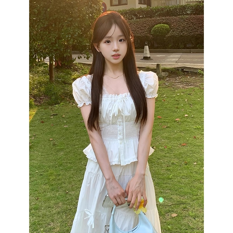 프랑스식 달콤함 거품 소매 맨위 여성 여름 분위기 센스 레이스 조각 쉬폰 블라우스 몸매 가꾸기 슬림해 보이는 외출용 작은 셔츠