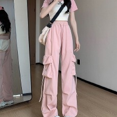 批发美式黑色高腰直筒工装裤女夏季垂感宽松阔腿裤小个子休闲拖地裤子