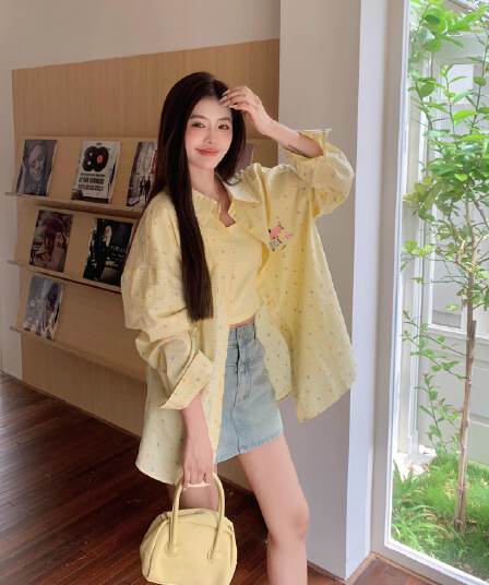 황색 얇은 스타일 자외선 차단 폴로 칼라 긴팔 여성 셔츠 봄 지방 mm 디자인 센스 루즈핏 슬림해 보이는 셔츠