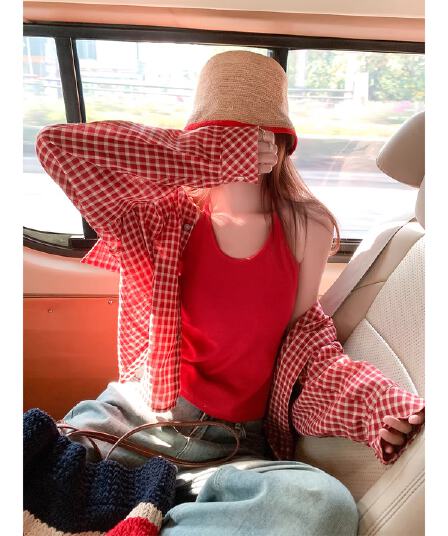 한 부서 빨간색 체크무늬 자외선 차단 셔츠 여성 코트 조기 봄 새로운 루즈핏 셔츠 오픈 가디건 맨위