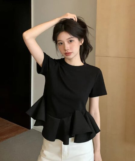 한국 스타일 여름 새로운 불규칙 프릴 패치워크 밑단 짧은 t 여성 허리 수축 맨위