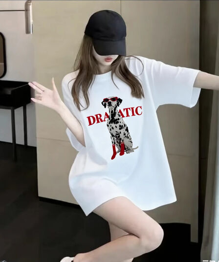 21 순면 210 그램 2026 년 봄 여름 드레스 반팔 티셔츠 여성 한국 스타일 프린트