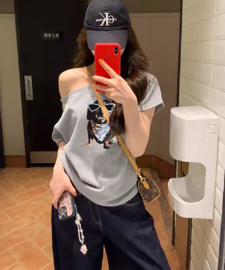40 순면 220 그램 92 면 8 암모니아 Lun 비스듬한 칼라 오프숄더 오프숄더 반팔 티셔츠 여성 프린트