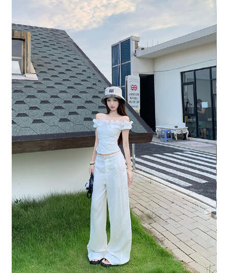 원본 품질 프랑스식 레트로 오프숄더 티셔츠 여성 여름 불규칙 몸매 가꾸기 쇼트 스타일 오프숄더 맨위 체크무늬