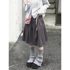批发新款日系复古轻亚风花苞百搭褶皱蓬蓬灰色a字过膝中长裙半身裙女