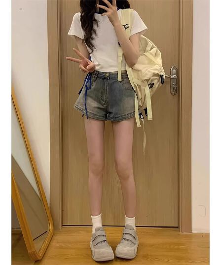 아메리칸 레트로 데님 반바지 여성 여름 디자인 센스 하이웨이스트 슬림해 보이는 핫걸 마 오래된 한 마디 데님 핫 바지