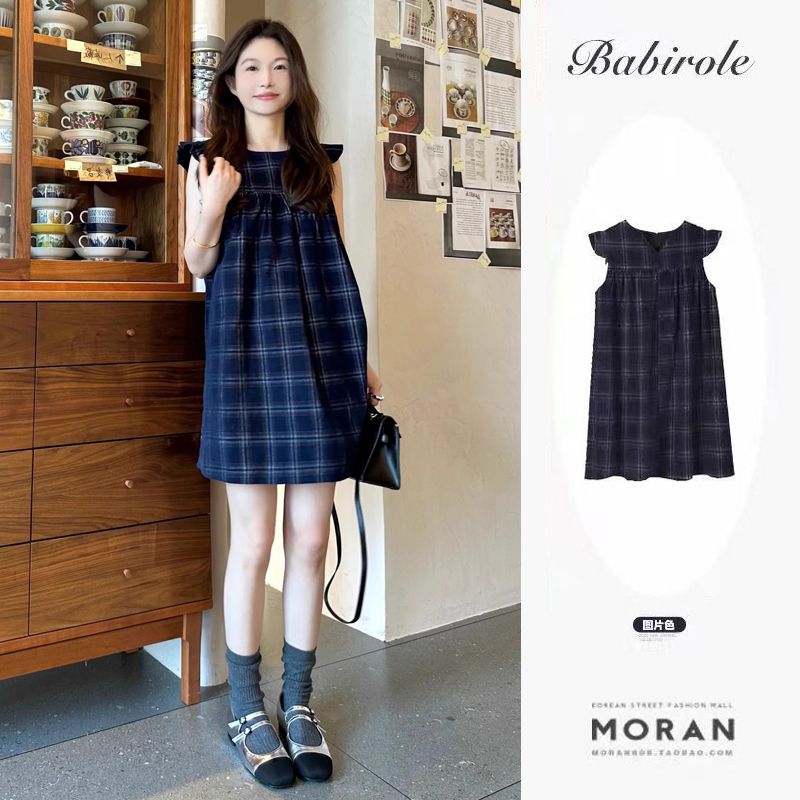 여름 2026 새로운 루즈핏 레트로 조끼 작은 날다 소매 드레스 달콤함 체크무늬 학원 작은 키 미니 스커트